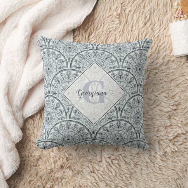 Custom Name Art Deco Floral Harmony Grey Mandala Throw Pillow (Blanket)