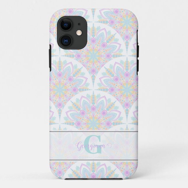 Custom Name Art Deco Pastel Rainbow Floral Mandala Case-Mate iPhone Case (Back)