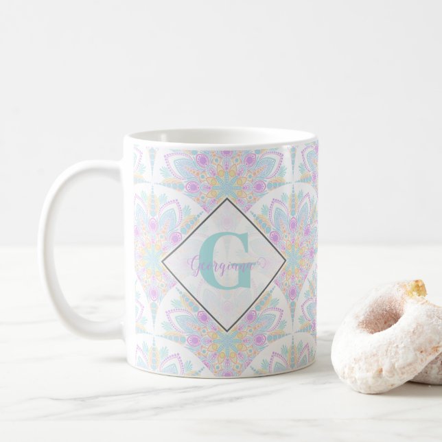 Custom Name Art Deco Pastel Rainbow Floral Mandala Coffee Mug (With Donut)