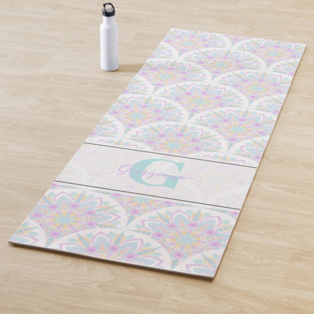 Custom Name Art Deco Pastel Rainbow Floral Mandala Yoga Mat (In Situ)