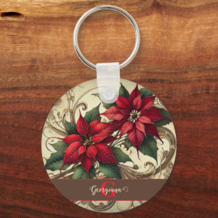 Custom Name Art Nouveau Christmas Poinsettia Keychain