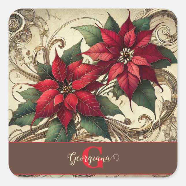 Custom Name Art Nouveau Christmas Poinsettia Square Sticker (Front)