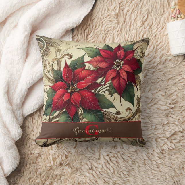 Custom Name Art Nouveau Christmas Poinsettia Throw Pillow (Blanket)
