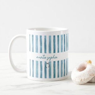 Custom Name Auntie, Watercolor Blue Stripe  Coffee Mug