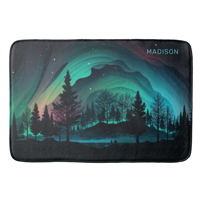 Custom Name Aurora Borealis Illustration Bath Mat (Front)