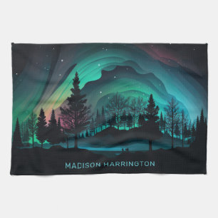 Custom Name Aurora Borealis Illustration Kitchen Towel