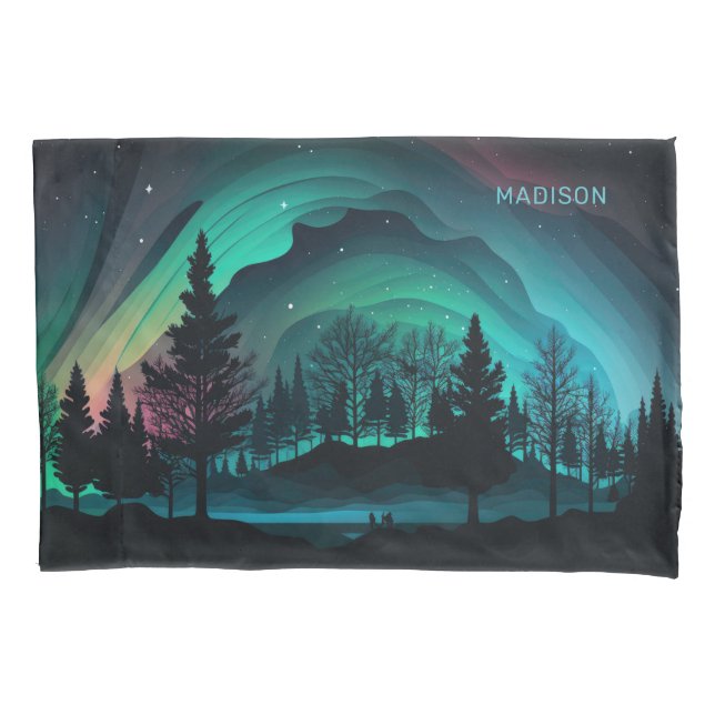 Custom Name Aurora Borealis Illustration Pillowcase (Front)