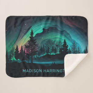 Custom Name Aurora Borealis Illustration Sherpa Blanket