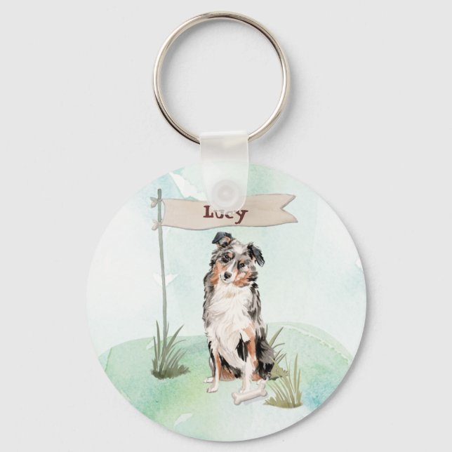 Custom Name Australian Shepherd Pet Dog Keychain (Front)