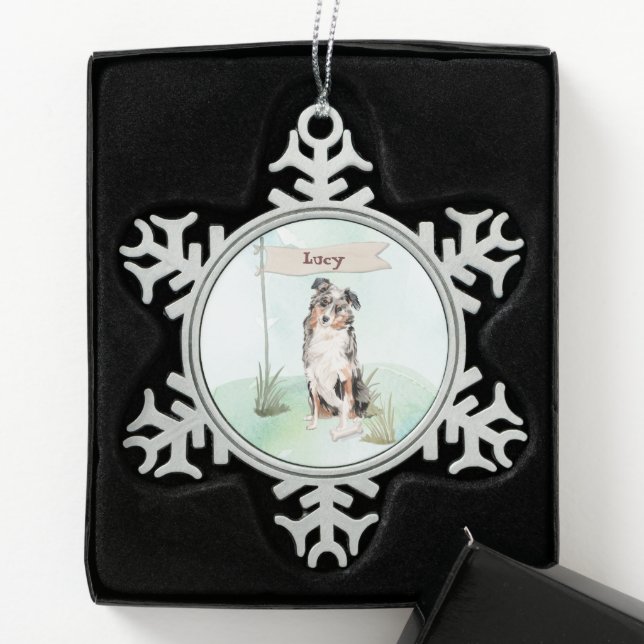 Custom Name Australian Shepherd Pet Dog Snowflake Pewter Christmas Ornament (Box)