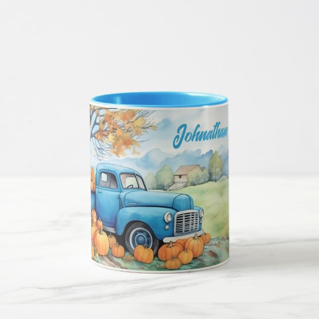 Custom Name Autumn Vintage Pickup and Pumpkins Mug (Center)
