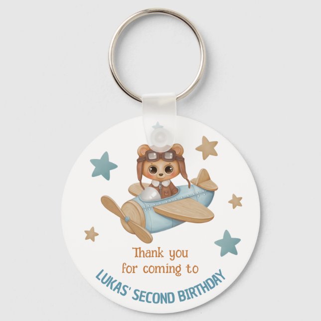 Custom Name Aviator Party Bear Birthday Thank you Keychain (Front)