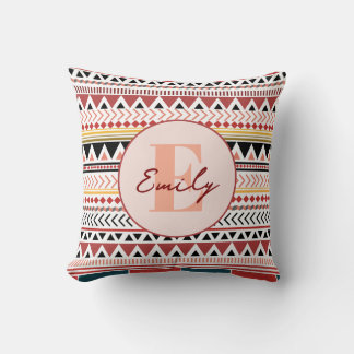 Custom Name Aztec Elegance Warm Red Ethnic Pattern Throw Pillow