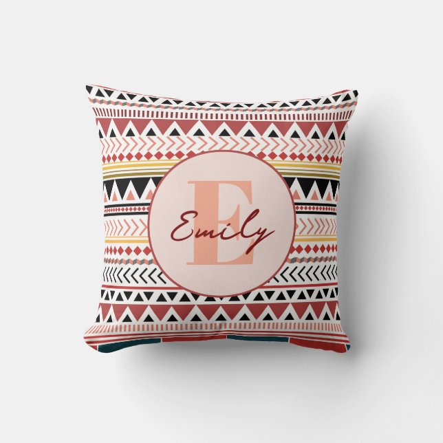 Custom Name Aztec Elegance Warm Red Ethnic Pattern Throw Pillow (Front)