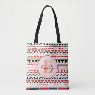 Custom Name Aztec Elegance Warm Red Ethnic Pattern Tote Bag
