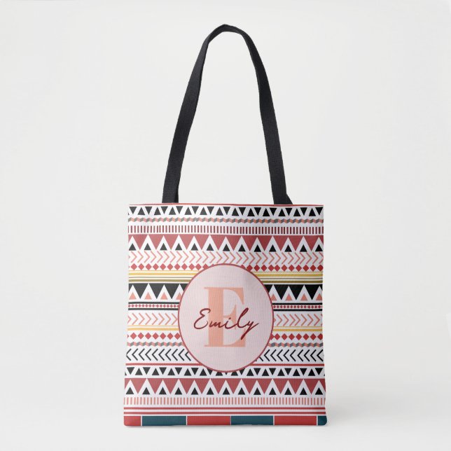 Custom Name Aztec Elegance Warm Red Ethnic Pattern Tote Bag (Front)