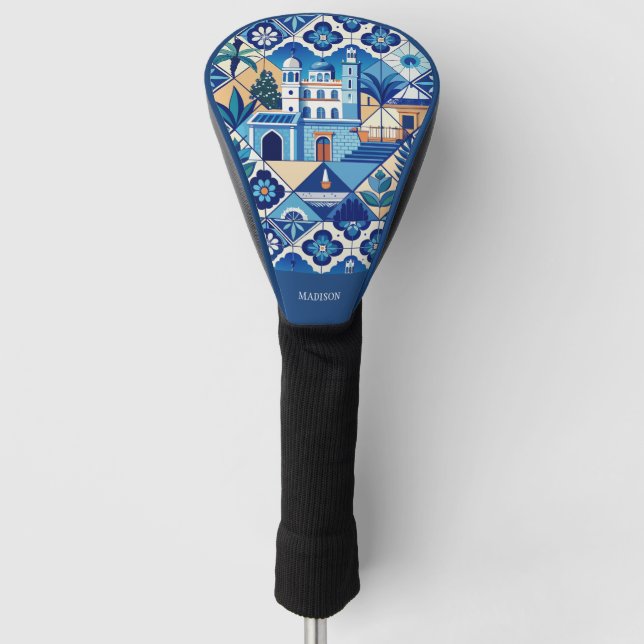 Custom Name Azulejo Tiles Pattern Golf Head Cover (Front)