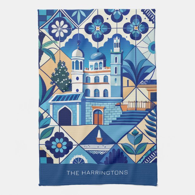 Custom Name Azulejo Tiles Pattern Kitchen Towel (Vertical)
