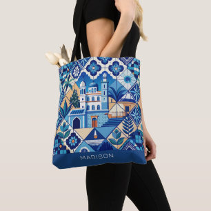 Custom Name Azulejo Tiles Pattern Tote Bag