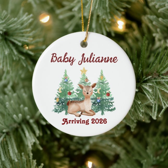 Custom Name Baby Announcement Deer Christmas Ceramic Ornament (Tree)
