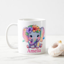 Custom Name Baby Elephant Floral Mug, For Niece