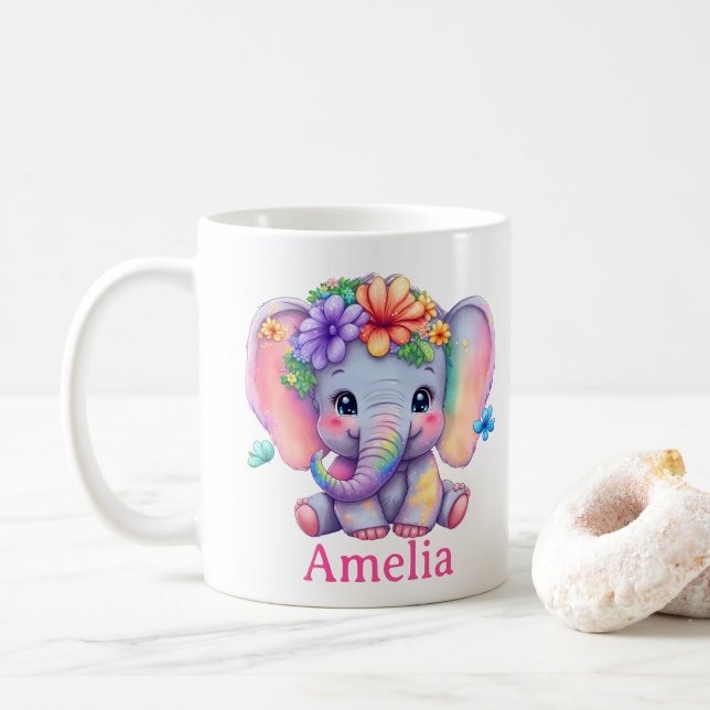 Custom Name Baby Elephant Floral Mug, For Niece Coffee Mug (With Donut)