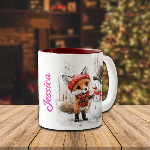 Custom Name Baby Fox and Snowman Two-Tone Coffee Mug