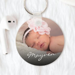 Custom Name Baby Photo Glamourous Script Keychain<br><div class="desc">Create your own personalized round keychain with your custom glam handwritten script name and favourite photo.</div>