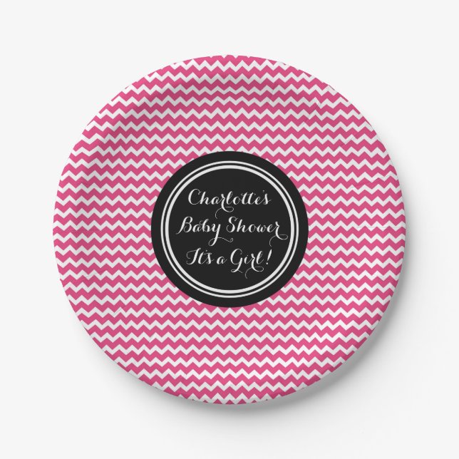 Custom Name Baby Shower Plates Black Pink Chevron (Front)