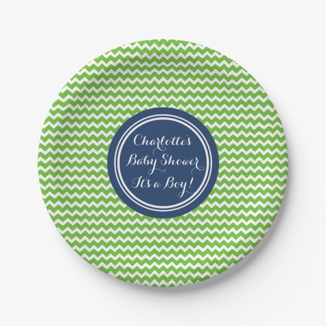 Custom Name Baby Shower Plates Green Blue Chevron (Front)