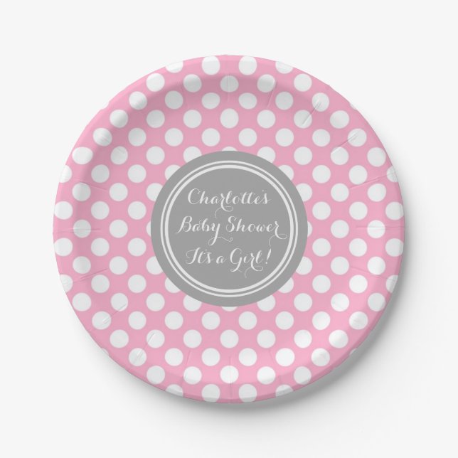 Custom Name Baby Shower Plates Grey Pink Dots (Front)