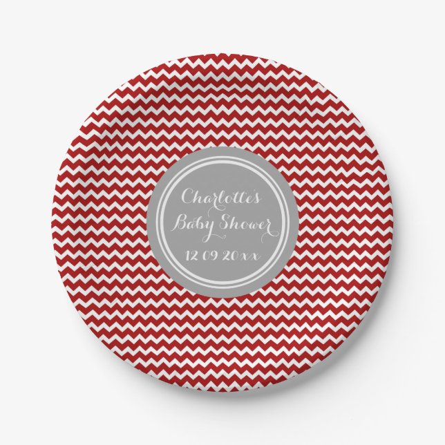Custom Name Baby Shower Plates Red Grey Chevron (Front)
