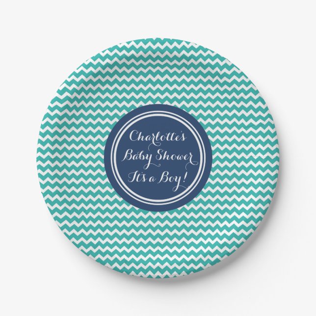 Custom Name Baby Shower Plates Teal Blue Chevron (Front)