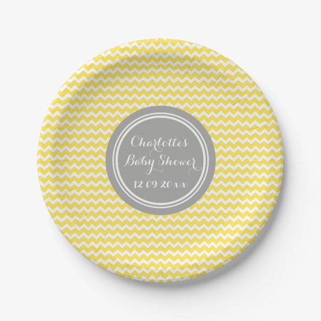 Custom Name Baby Shower Plates Yellow Grey Chevron (Front)