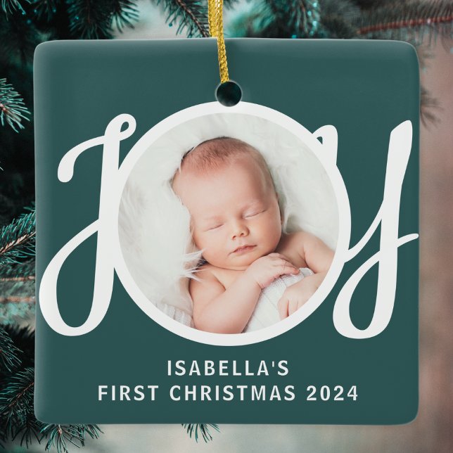 Custom Name Baby's First Christmas Photo Green  Ceramic Ornament (Creator Uploaded)