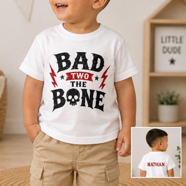 Custom Name Bad Two the Bone Rock and Roll  T-Shirt (edgy birthday shirt, bad to the bone birthday, two year old birthday, personalized birthday outfit)