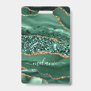 Custom Name Badge Agate Green Gold Glitter Marble