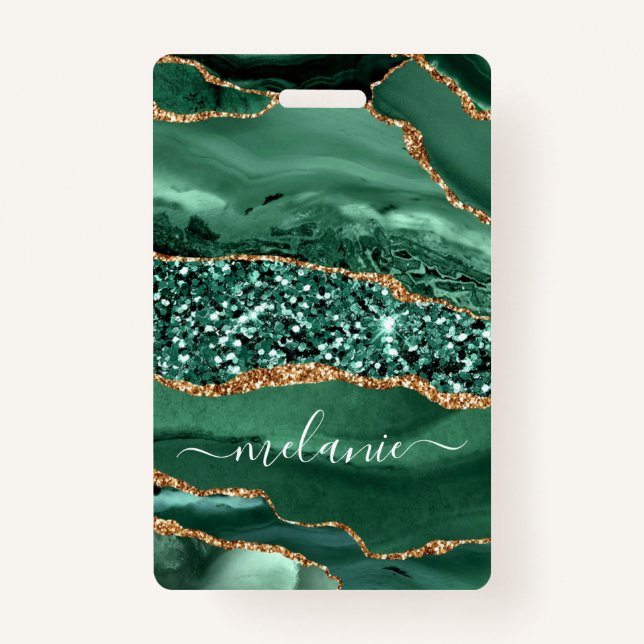 Custom Name Badge Agate Green Gold Glitter Marble (Back)