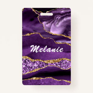 Custom Name Badge Agate Purple Violet Gold Glitter