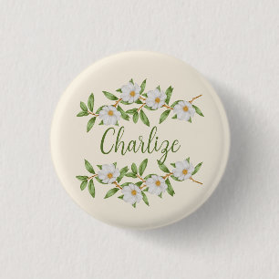 Custom Name Badge Pin White Flowers Natural Girls