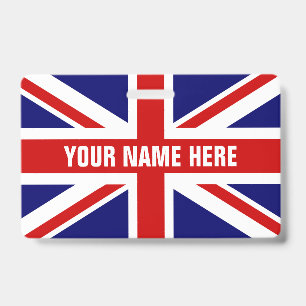 Custom name badge with British Union Jack flag