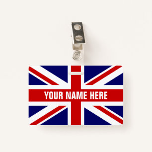 Custom name badge with British Union Jack flag