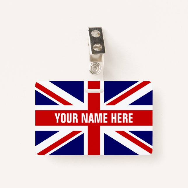 Custom name badge with British Union Jack flag (Front with Clip)