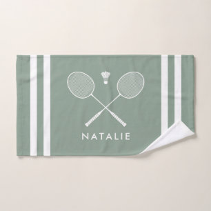 Custom Name Badminton Sage Green Stripes Hand Towel