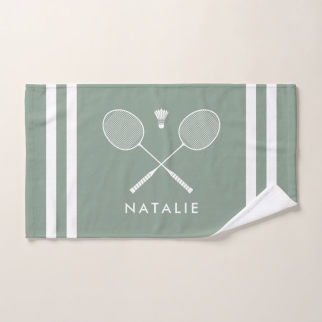 Custom Name Badminton Sage Green Stripes Hand Towel (Hand Towel)
