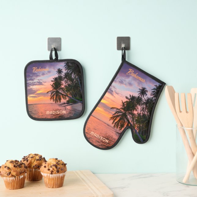 Custom Name Bahamas Sunset Oven Mitt & Pot Holder Set (Insitu(Hanging))