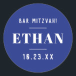 Custom Name Bar or Bat Mitzvah Modern Classic Blue Classic Round Sticker<br><div class="desc">Modern blue and white Bar Mitzvah, Bat Mitzvah, or Birthday sticker and favour label can be personalized with your name and date or any wording of your choice. * * * CLICK CUSTOMIZE to change the font, text placement, text and background colours. * * * Try the "Transfer this Design"...</div>