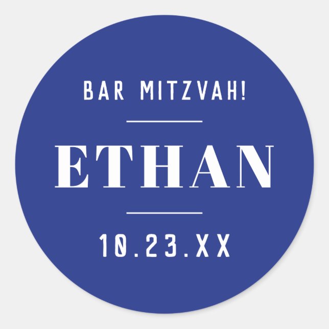 Custom Name Bar or Bat Mitzvah Modern Classic Blue Classic Round Sticker (Front)