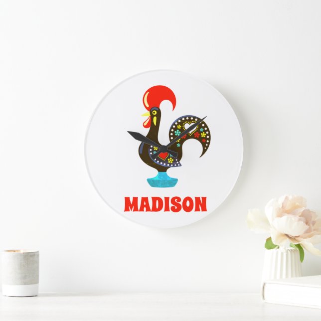 Custom Name Barcelos Portuguese Rooster Black Large Clock (Home)