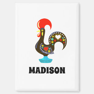 Custom Name Barcelos Portuguese Rooster Black Magnet